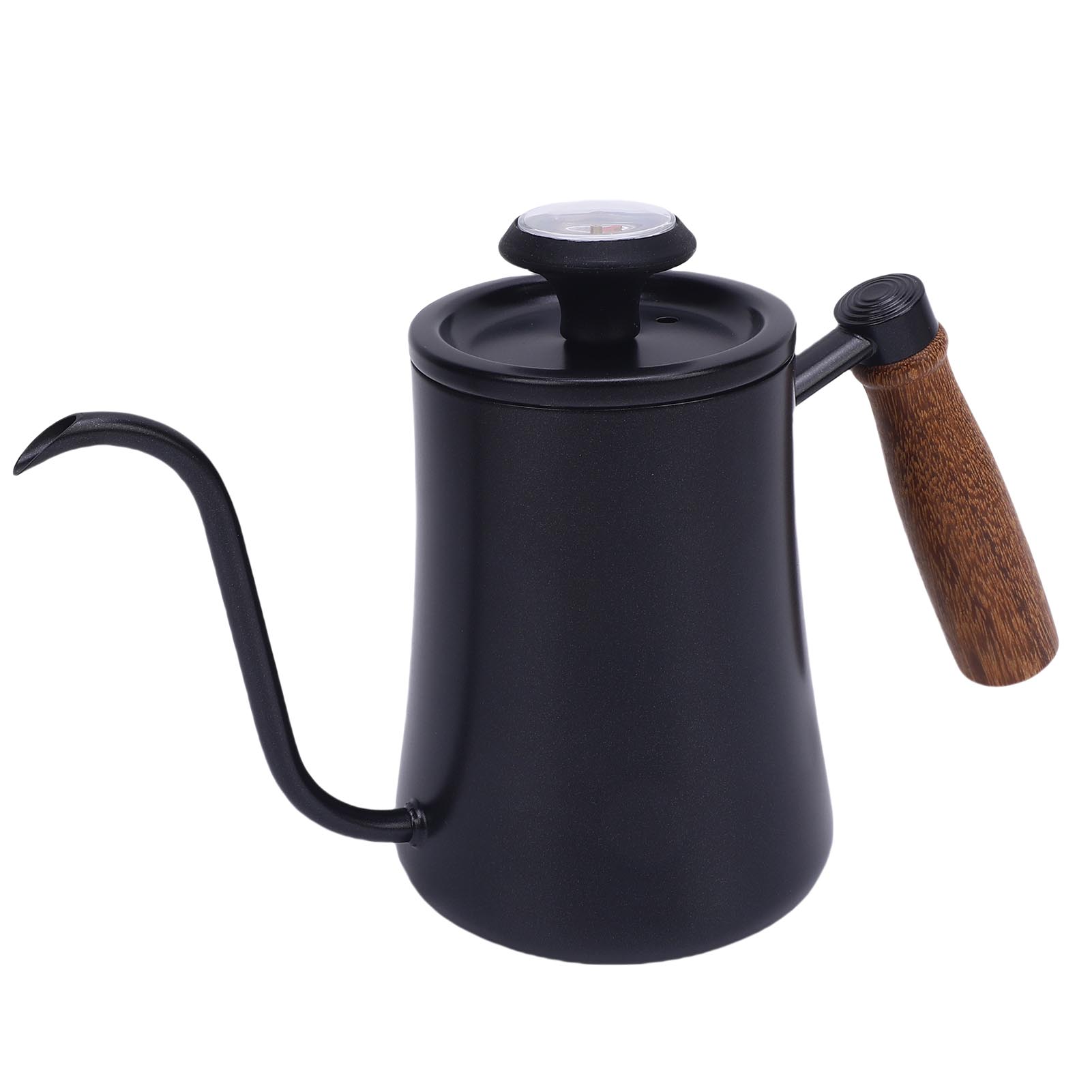 600ML Coffee Brewing Pot 304 Stainless Steel Water Pot with Temperature Meter Wood Handle   Spout
