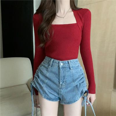 Square Collar Black Bottoming Shirt Women's Autumn Clothing New Inner Sweater Knitted Sweater Irregular Collar Slim Top Women