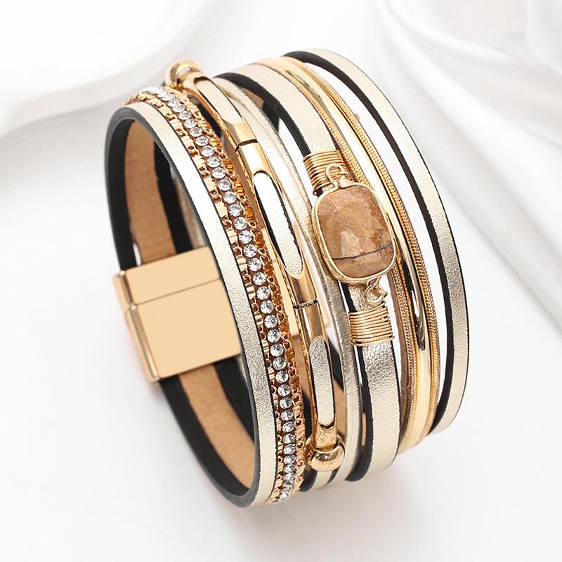 Crystal Magnet Buckle Leather Bracelet Woven Multi-layer Bangle Jewelry Accessory