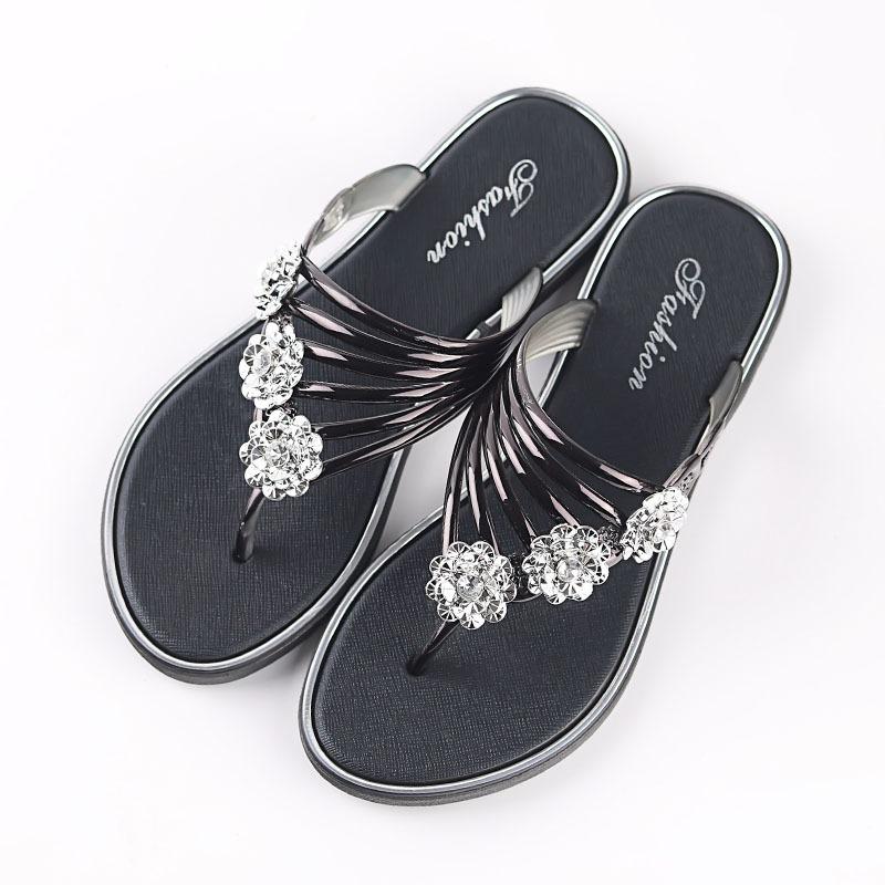 Women s Rhinestone Flower Flip Flops Flat Thong Sandals Casual Beach Slippers 36 чёрный
