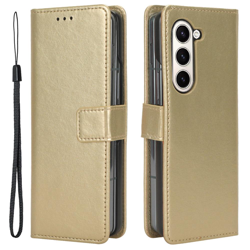 

For Samsung Galaxy Z Fold5 5G Card Holder Phone Leather Case Crazy Horse Texture Stand Cover Gold