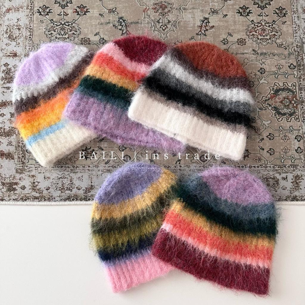 Korean Striped Plush Knitted Beanie Cap Women Autumn Winter Headgear Warm Ear Protection Cold Wool Hat