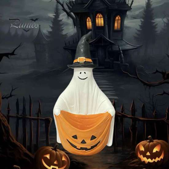 Pumpkin Element Ghost Decor Halloween Witch Hat Figurine, Pen Holder Desktop Storage Organizer Candy Container, Tabletop for Holiday Party Handcrafted
