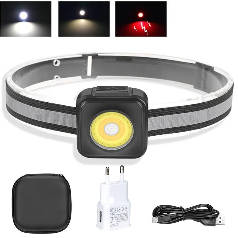 Super Bright COB Headlight USB C Rechargeable Headlamp Outdoor Powerful Emergency Floodlight Flashlight with Yellow Red Lights