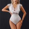 Elegant White Lace Panel Bodysuit Women Sexy Fall Winter All-Season Stretchy Lingerie Style Top Bottom Set