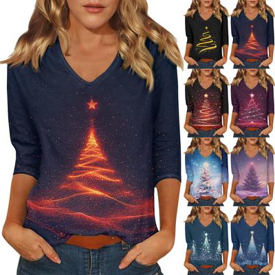 Women's Casual Fashionable Sexy Comfortable V-Neck Christmas Three-Quarter Sleeve Top