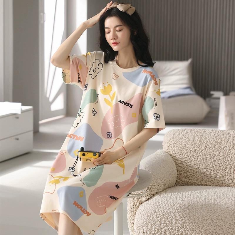 Girls' Summer, Spring and Autumn Short-sleeved Home Wear with Cute Cartoon Designs and Loose Style Pajamas and Nightgowns