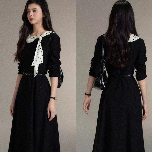 Nanyi French-Inspired Polka Dot Black Dress: Elegant Flowy Collar, Waist-Cinched Skirt for Women
