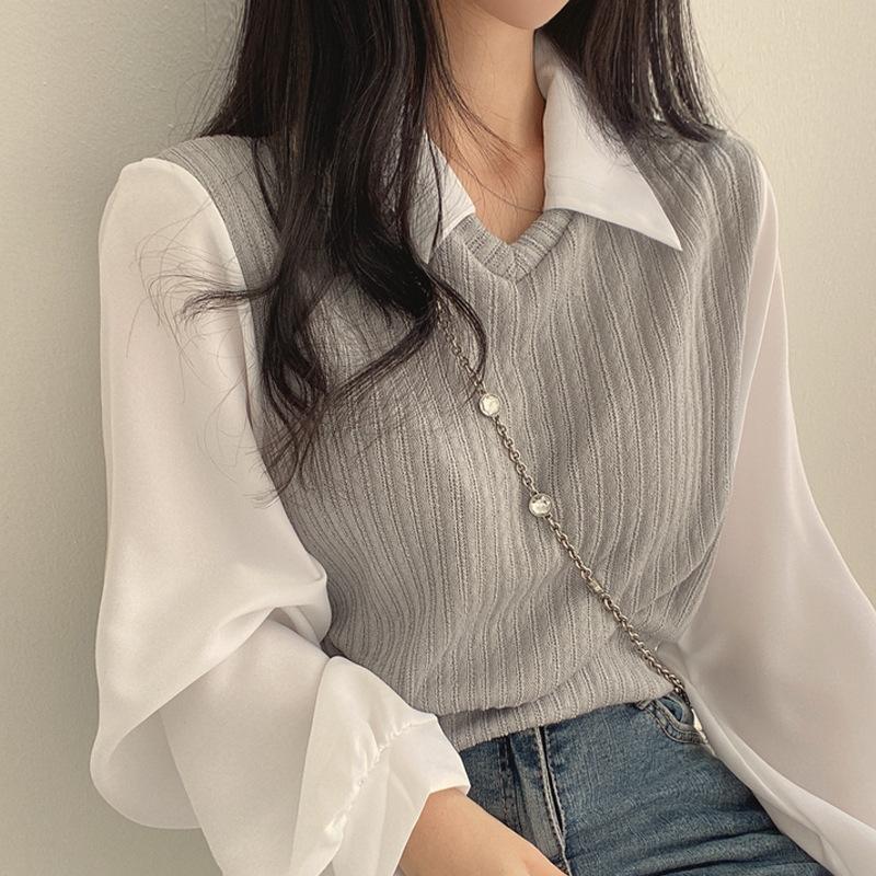 

Французская ретро мода трикотажная поддельная двухсекционная сплайсированная короткая рубашка для женщин осенний топ с рукавами-фонариками L серый