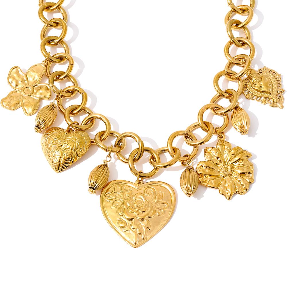 

Yhpup Statement Stainless Steel Metal Heart Flower Charms Drop Necklace 18K Golden PVD Plated Waterproof Fashion Neck Jewelry