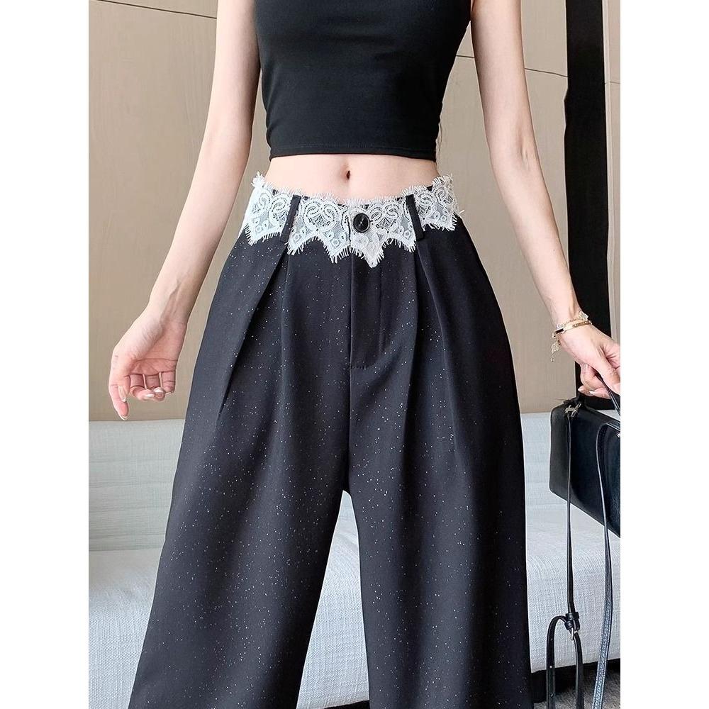 Black Lace-trimmed Casual Suit Pants Women High-waisted Loose Draping Straight-leg Wide-leg Pants That Touch the Ground