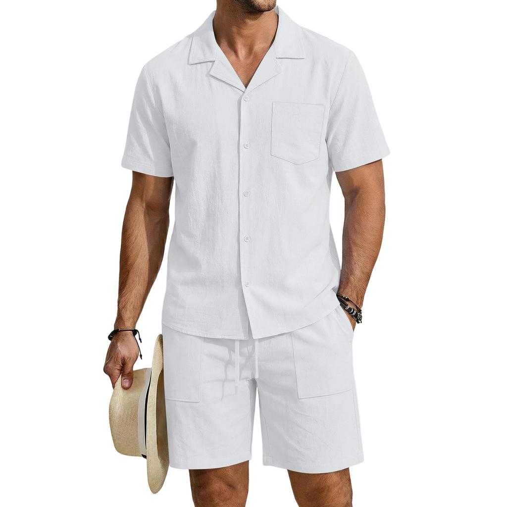 Men's Linen Short Sleeve Shirt and Shorts Set Casual Loose Fit Breathable with Pockets