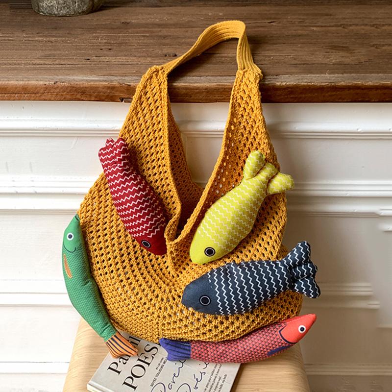 Yogodlns New Fish Cute Crochet Tote Bag Large Capacity Casual Woven Shoulder Bag Multicolor Handmade Knitted Bag
