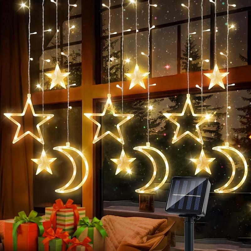 3.5M Solar Moon Star Curtain Lights Waterproof 8 Modes LED Fairy String Lamp for Christmas Party Garden Decor Decor for Room