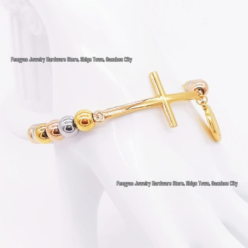 8mm Random Three-Color Bead Stainless Steel Handcrafted Cross Bracelet