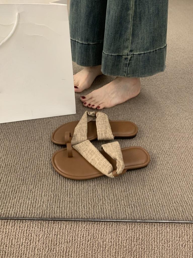 Two-way Linen One-word with Sleeve-toe Sandals Women's Summer Vacation Style Leisure Beach Roman Shoes Outside Slippers