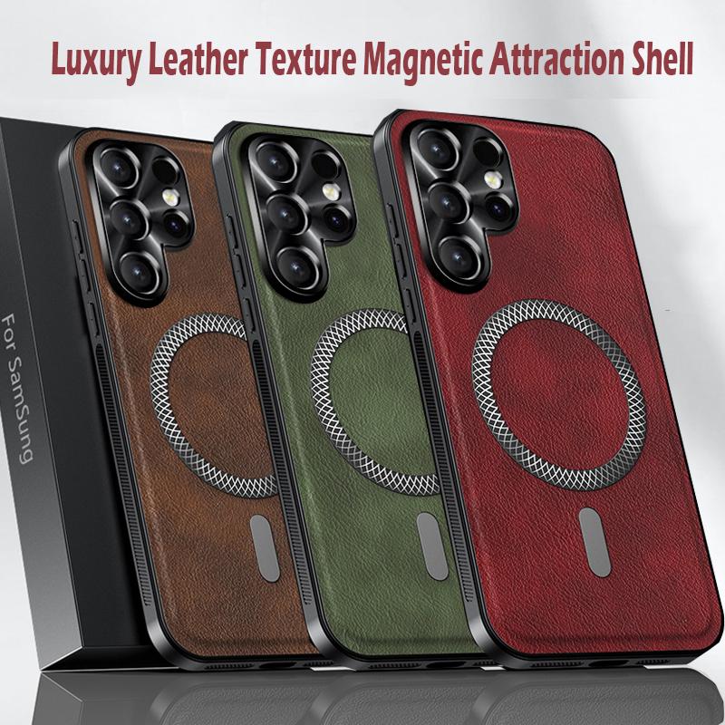 Luxury PU Leather Case For Samsung Galaxy S23 22 21 Ultra Plus S23 FE S21 FE Magsafe Magnetic Lens Protection Shockproof Cover