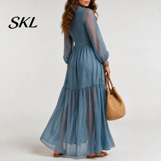 Beach Dress Women Faux Denim Maxi Dress, Mesh Patchwork Long Sleeve Button Simple Style Down Shirt Casual Loose Vintage Summer