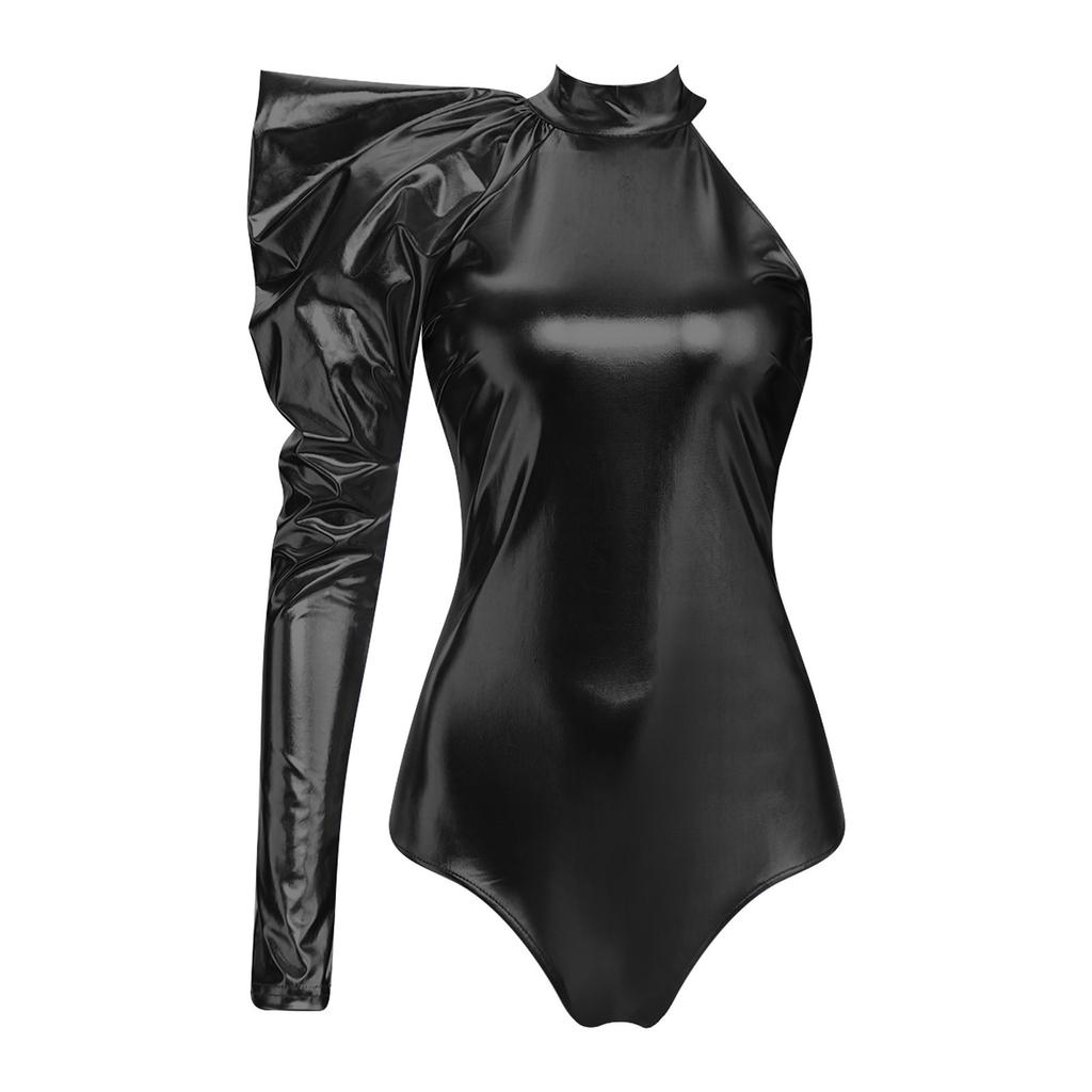 Women Metallic Shiny Bodysuit Dramatic Puff Sleeve Long Sleeve One Shoulder Mock Neck Asymmetrical Leotard