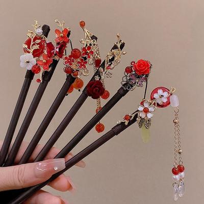 Vintage Holz Rote Blume Quaste Haarnadel für Frauen Mädchen Haarstab Haarspange Kostüm Chinesischer Stil Hanfu Schmuck Haarschmuck