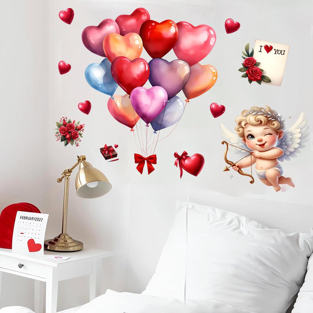 Cupid Love Arrow and Balloons Wall Sticker Self-Adhesive Removable for Living Room Bedroom Valentine Home Decor