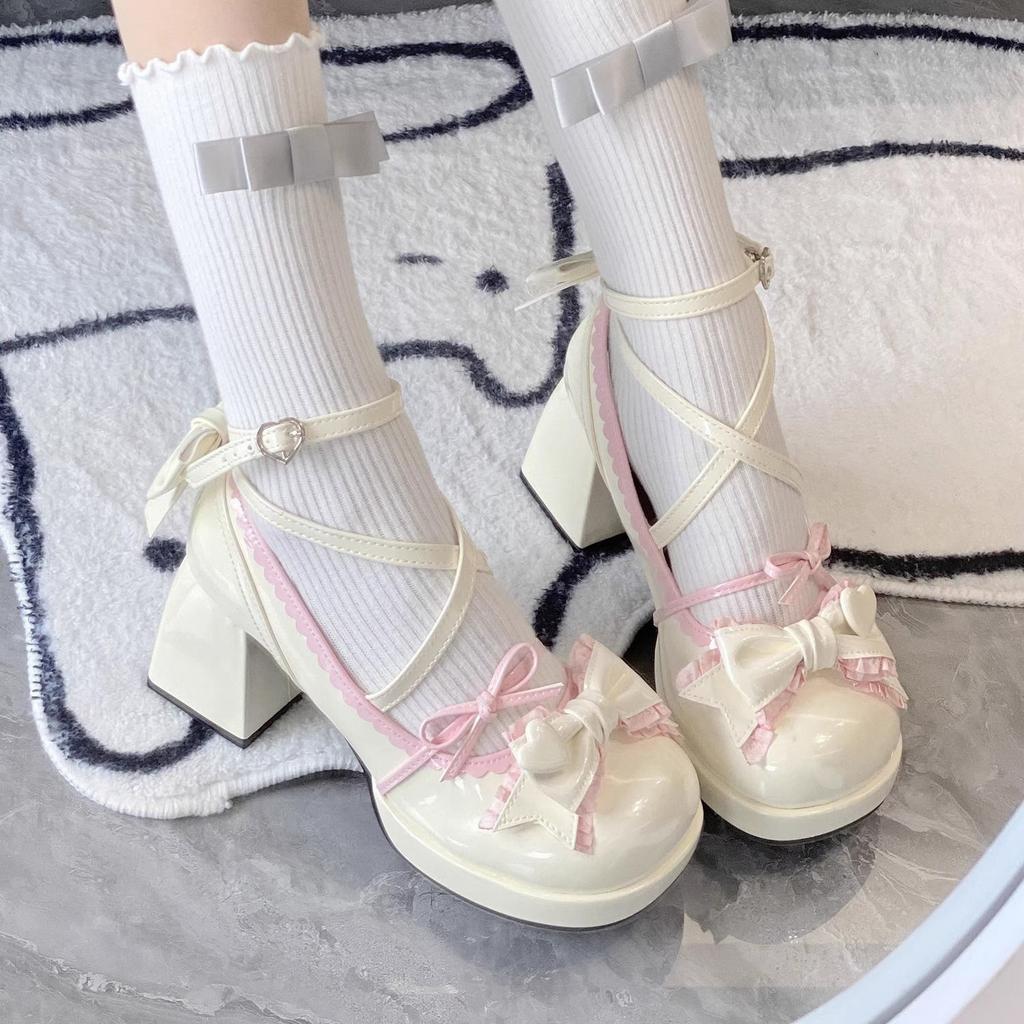 Fashion Sweet Lolita Platform Chunky - Heel Pumps | Crisscross - Strap Bowknot - Embellished Tea Party Shoes