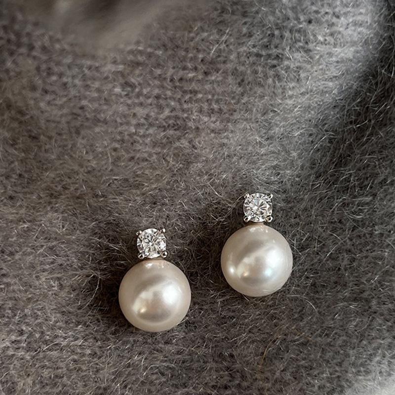 Grey pearl zircon stud earrings female Korean niche retro personality simple temperament earrings earrings