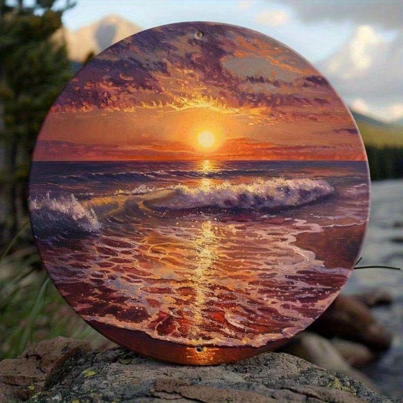 

Round Metal Wall Art Sunset Pine Tree Waves Poster for Living Room