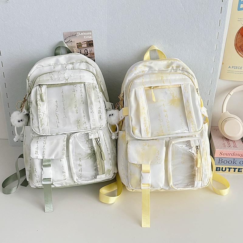 Middle School Chinese-Style Transparent Backpack with Multiple Pockets - Large Capacity, Waterproof, Wear-Resistant, Unisex, Light Luxury Design.