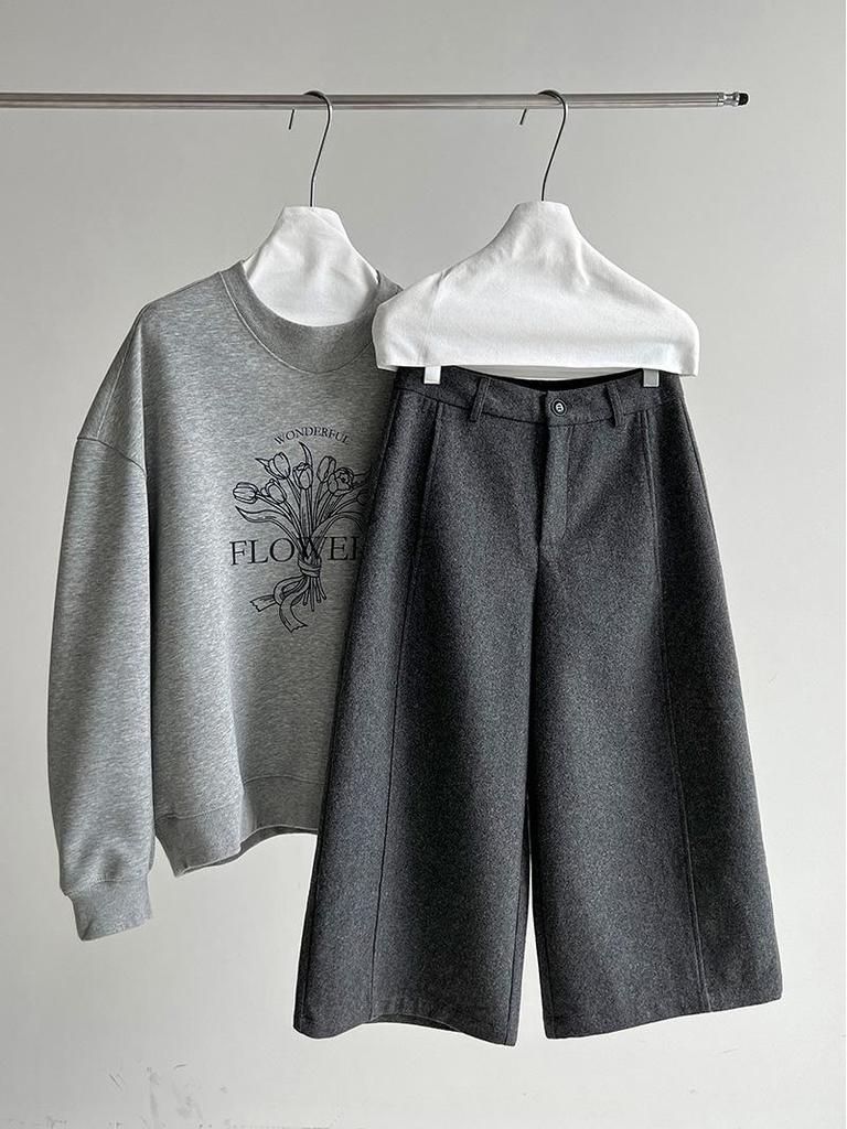 Women's LUXI Woolen Stand-up Collar Wide-leg Cropped Pants - Korean Style, Autumn Slimming High-End Feel