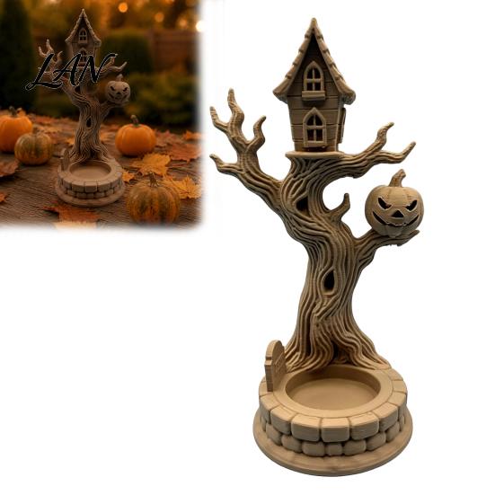 Small Decorative Hut Models 3D Printed Halloween Tree House Ornament with Pumpkin, Spooky Table Detailed Resin Style Figurines Centerpiece,