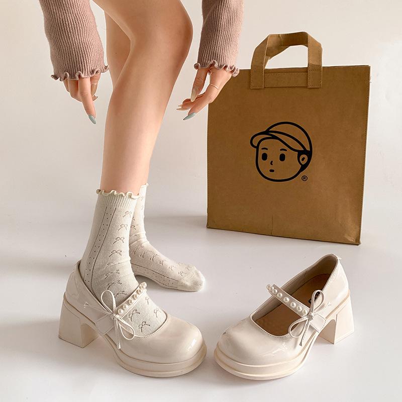 Temperament fashionable white explosion retro thick high-heeled small leather shoes women's 2025 new summer JK heightening Mary Jane shoes