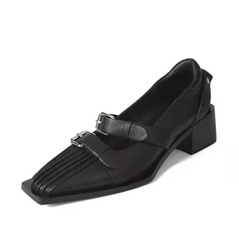 

Fashion Luxury Designer Black Leather Mary Jane Women Shoe Metal Belt Buckle High Heels for Women Pointed Toe Chunky High Heeled Pumps 42 чёрный