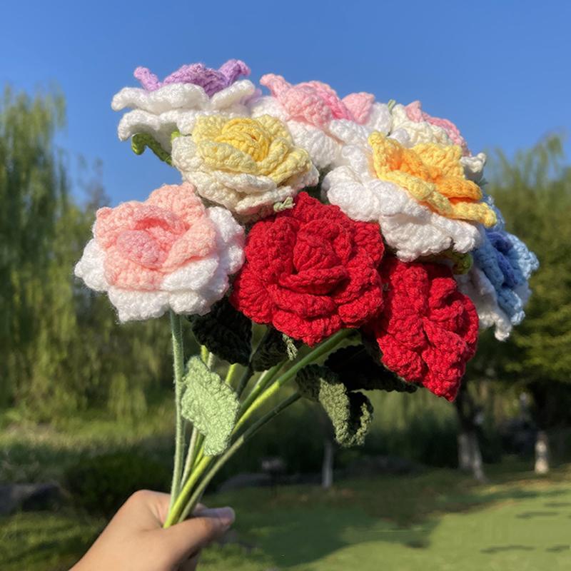 1pc Gradient Rose Artificial Flowers Mother' Day Gift Crochet Flowers DIY Homemade Bouquet Rose Crochet Woven Flower Home Decor