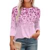 Women's Fashionable Round Neck Seven Quarter Sleeve Retro Floral Print Casual Basic Pleated T-shirt Top