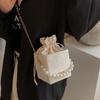 Pearl Drawstring Crossbody Bag Pu Leather Luxury Shoulder Bag Retro Women Bucket Bag  Lady