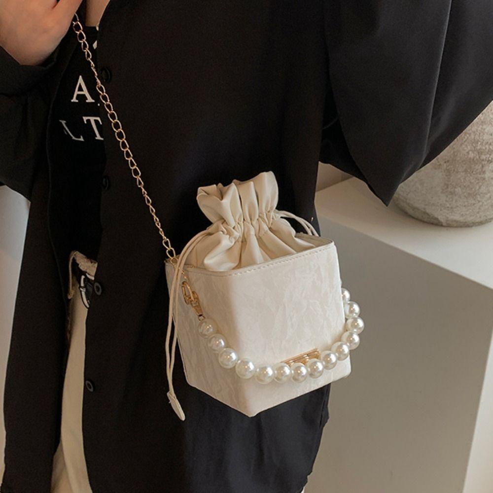 Pearl Drawstring Crossbody Bag Pu Leather Luxury Shoulder Bag Retro Women Bucket Bag  Lady