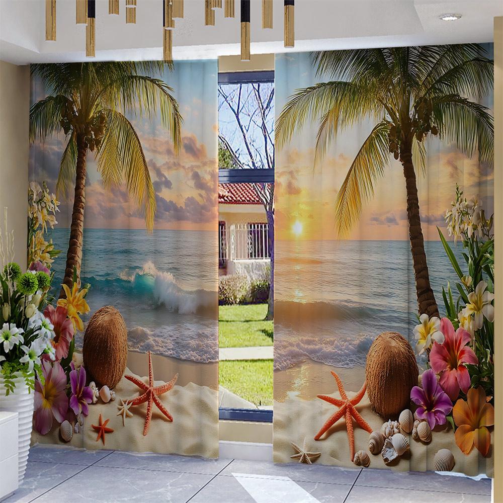 2PC Home Coconut Tree Sea View Curtains With Landscape Background And Pole Pocket Curtains, Kitchen, Coffee Shop, Living Room, B