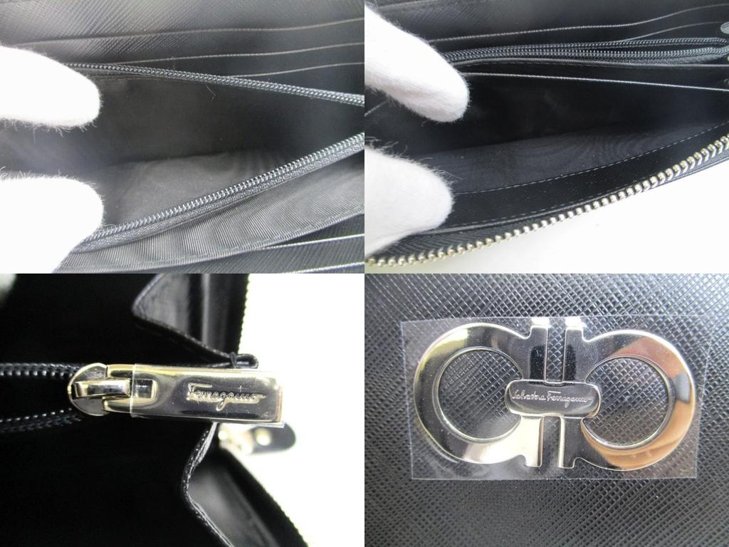 Authentische Salvatore Ferragamo Gancini Schwarzes Leder Silber H/W Rundreißverschluss Geldbörse #a683 Geöffnete Schachtel