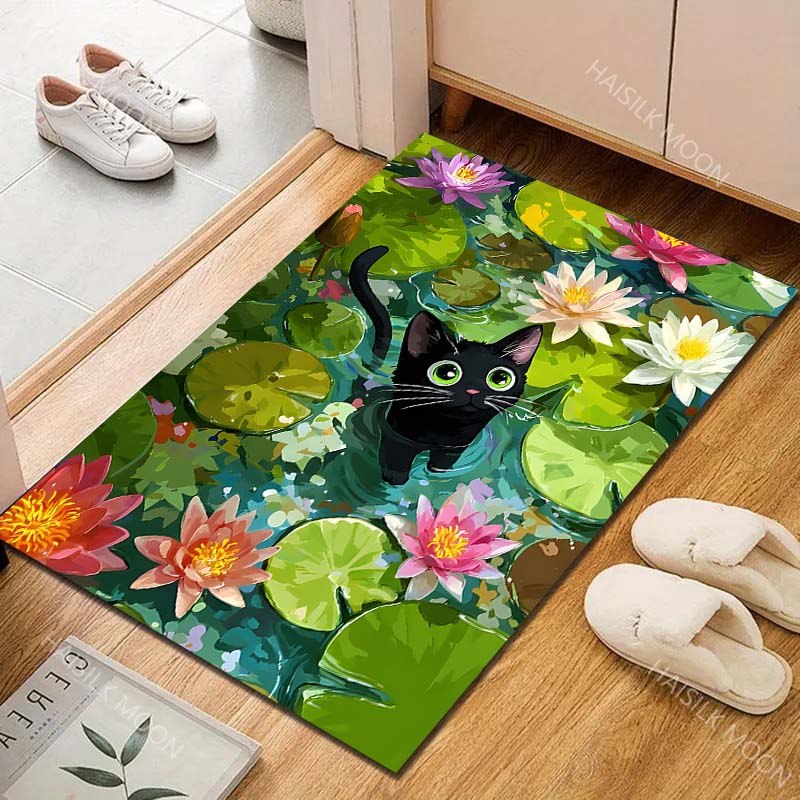 Multiple sizes Black cat in lily pond Carpet for Living Room Bedroom Sofa Home Decor Rus Non-slip Floor Mat Luxury Gift