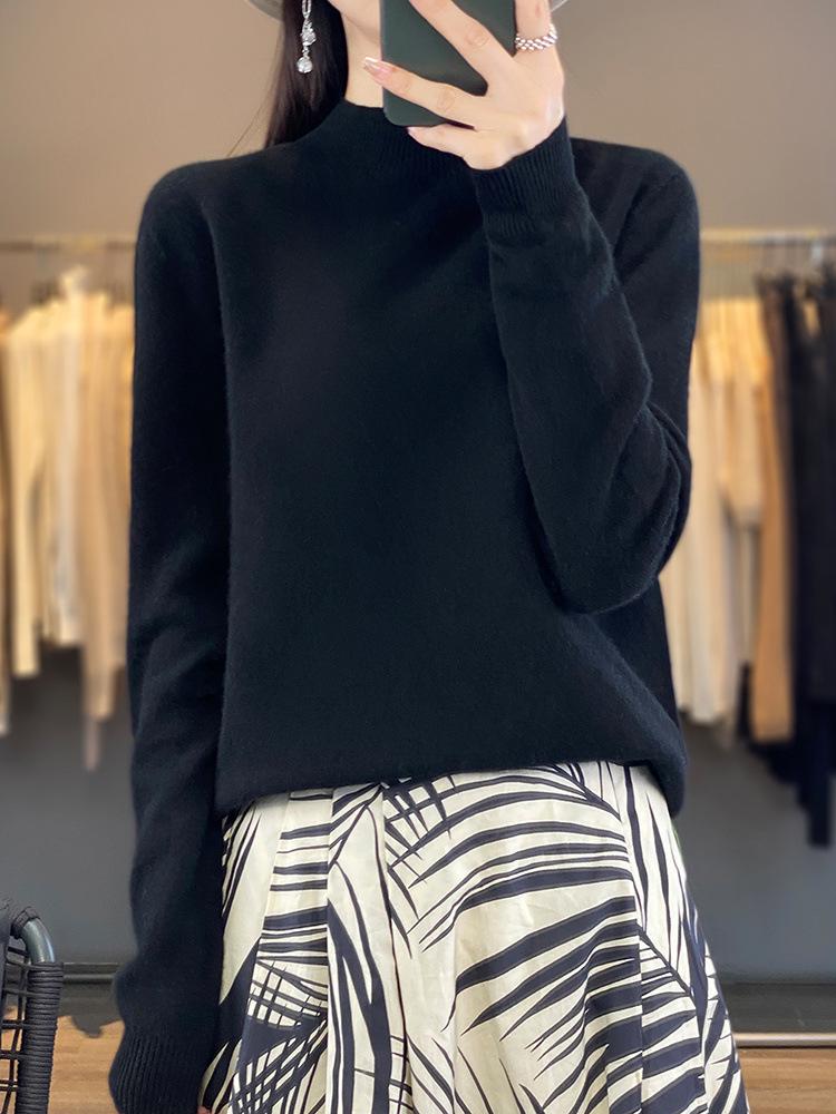 Women's Pure Wool Half-High Neck Sweater - Loose Fit Knitwear for Autumn and Winter