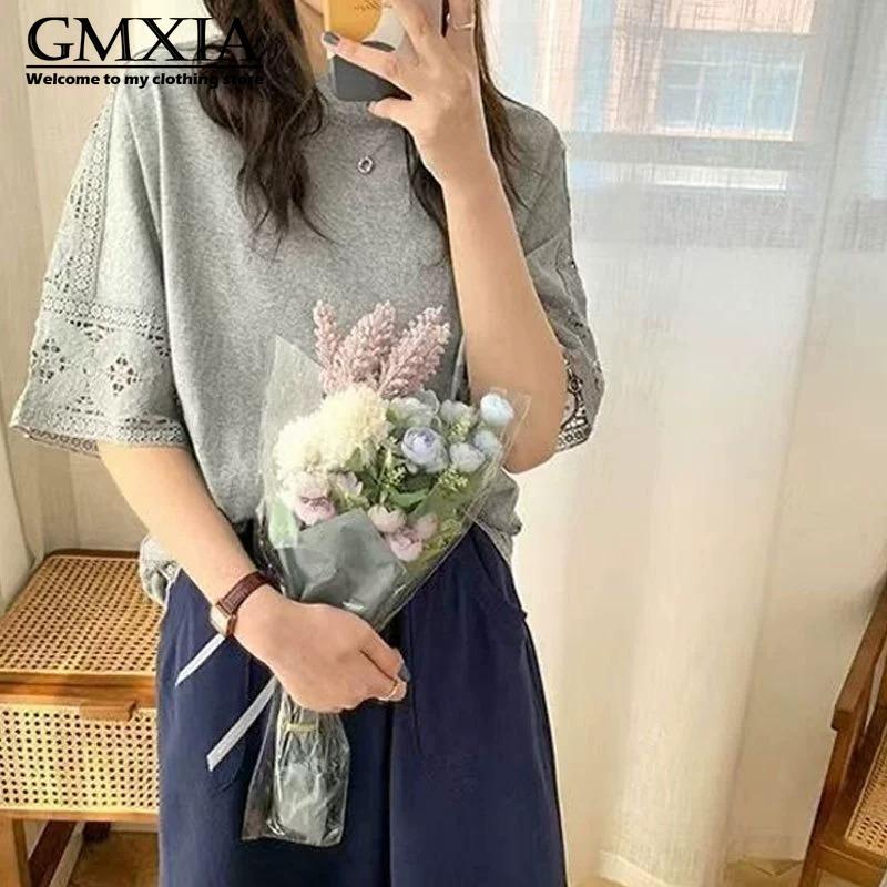 GMXIA Women's Fashion Casual Leisure Solid Color Print Short Sleeve O Neck Blouses & Shirts