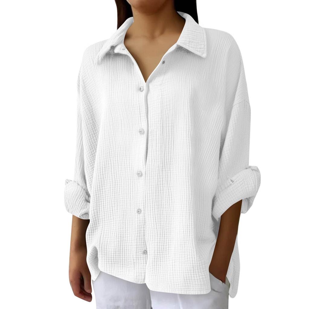 Damenmode Lässig Farbe Knopfleiste Langarm Hemd Top