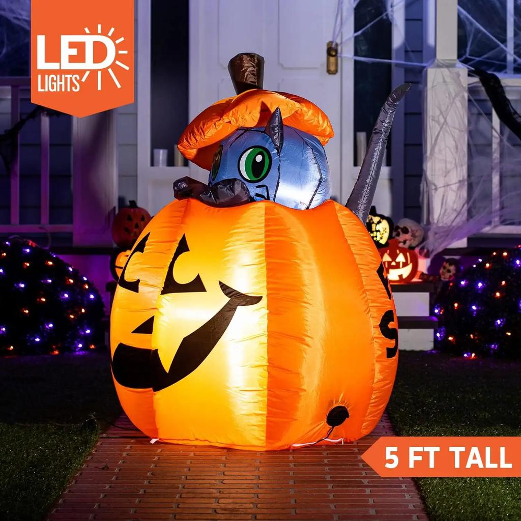 Joyfy 5 ft Halloween Animated Kitty Cat Inflatable On Pumpkin Outdoor Decoration Halloween Blow Up Yard Lawn Inflatables