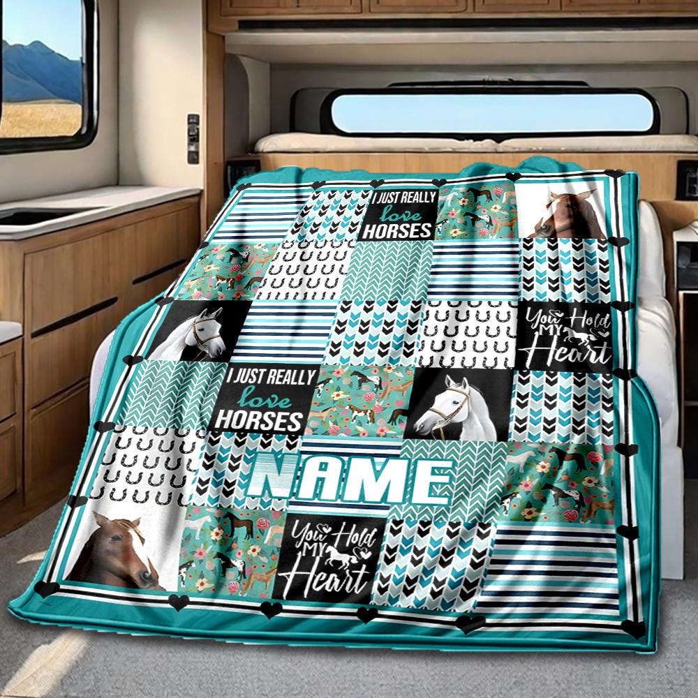 Horse Lover Quilt Design With Floral And Striped Patterns Blanketcustomizable With Your Namecomfortable And Stylish Perfect For Travel Beds Chairs