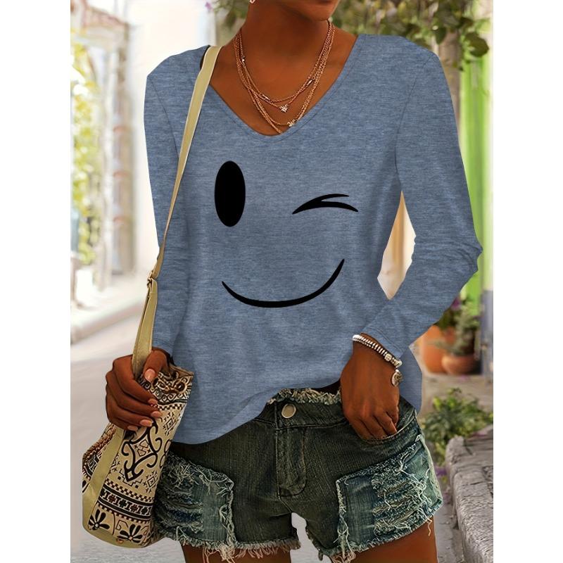 Smiling Face Women's Autumn,Winter Casual European,American Style Graphic Print T-Shirt