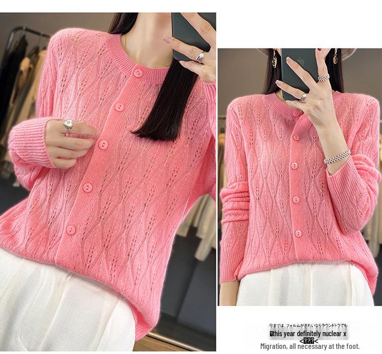 2023 Women's Retro Loose Round Neck Hollow Pure Wool Cardigan Sweater Knit - Early Autumn