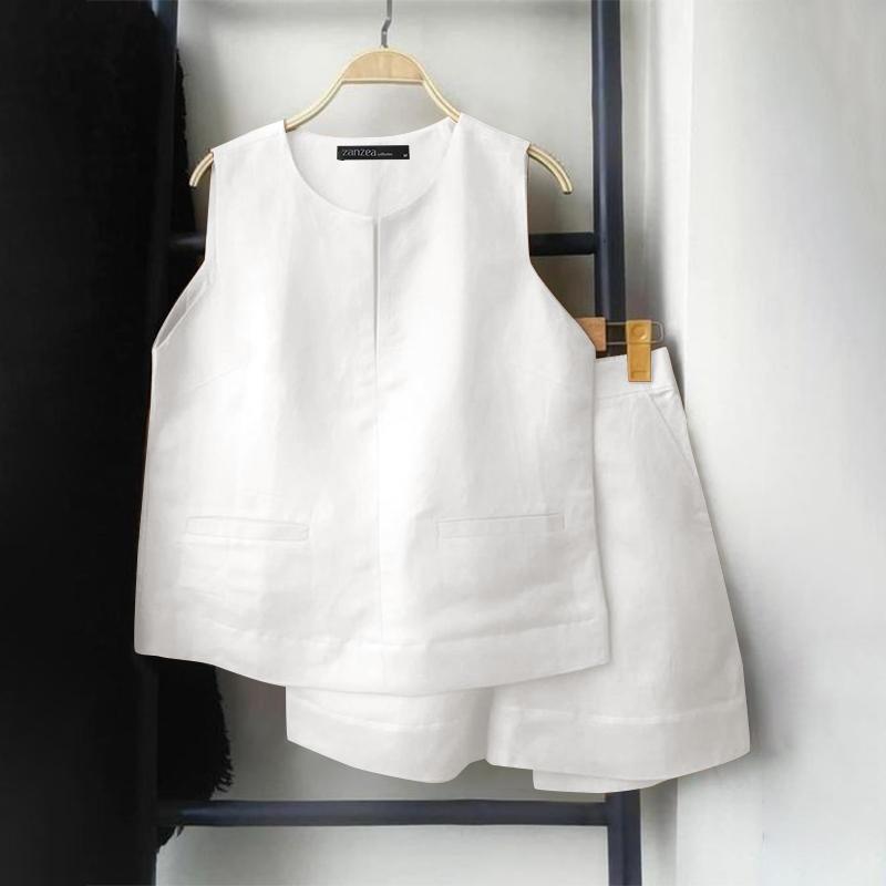 

ZANZEA Женские летние жилеты без рукавов с круглым вырезом, комплекты шорт с карманами 4XL белый