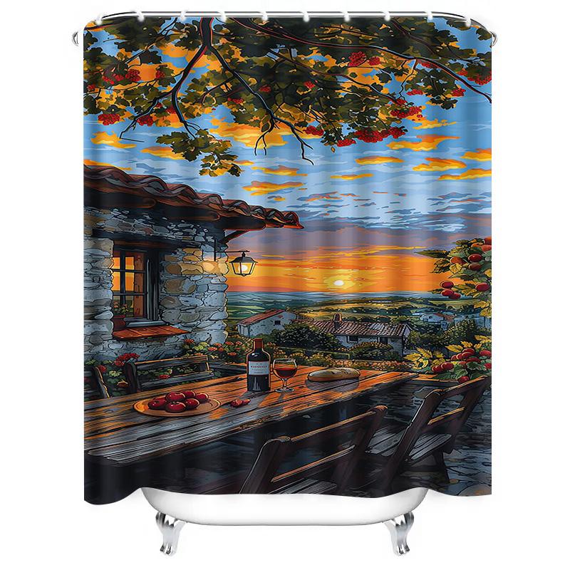Paesaggio Tramonto Rustico Tenda da Doccia Impermeabile Resistente al Calore Lavabile in Lavatrice Non Trasparente 180x180cm