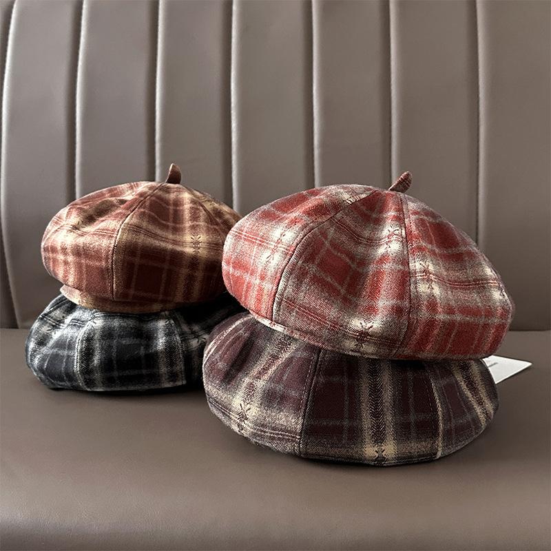 Plaid Beret Children'S Season Big Head Circumference Showing Face Small Pumpkin Hat Retro Literary Temperament Painter Hat